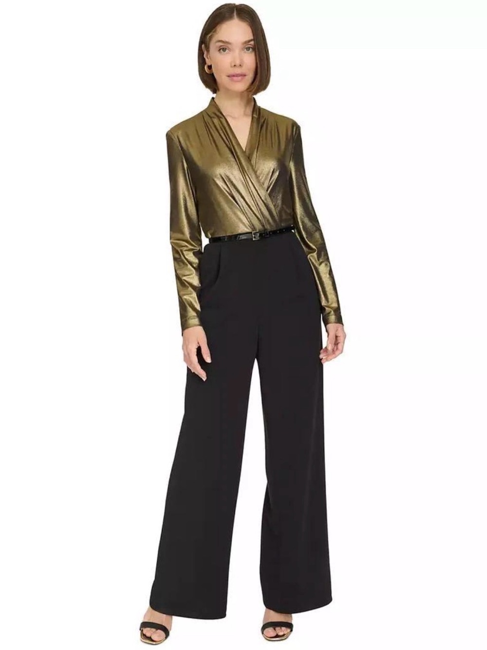 Tommy Hilfiger Gold Metallic Shimmer Black Wide Leg Jumpsuit Belted Size 4